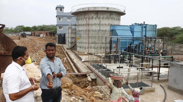 A view of the leachate treatment plant within the Bandhwari landfill premises. This waste-to-energy (WTE) plant scheduled to become operational by August 2019, holds the promise of a better future. In addition to the existing boundary wall, a six-metre-high concrete barrier will be constructed around the garbage heap to minimise the environmental impact of the landfill. (Yogendra Kumar / HT Photo)