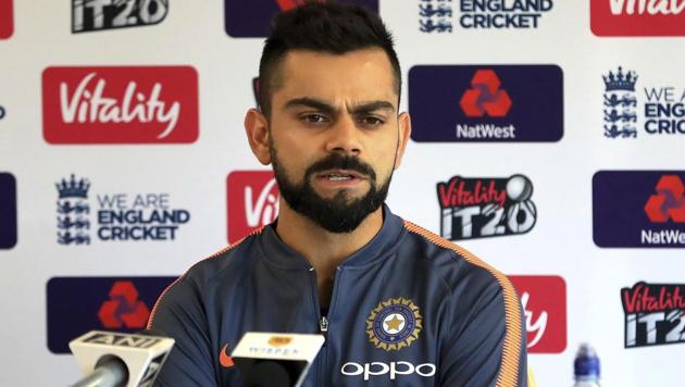 India's Virat Kohli speaks to the media during a press conference, before their Twenty20 international cricket match against England on Tuesday at The Emirates Old Trafford, Manchester, England on July 2, 2018. (AP)