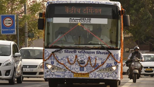 New Delhi, India - March 10, 2016: DTC Electric Bus after the flag off by Gopal Rai (Minister of Transport, Delhi) at Delhi Secretariat,I P Extension in New Delhi, India, on Thursday, March 10, 2016. (Photo by Virendra Singh Gosain/ Hindustan Times) (Hindustan Times) New Delhi, India - March 10, 2016: DTC Electric Bus after the flag off by Gopal Rai (Minister of Transport, Delhi) at Delhi Secretariat,I P Extension in New Delhi, India, on Thursday, March 10, 2016. (Photo by Virendra Singh Gosain/ Hindustan Times) (Hindustan Times)