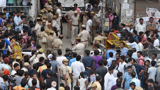 An ambulance at the spot where eleven members of a family were found dead in their house in Delhi's Burari on the morning of July 1, 2018. (Raj K Raj/HT PHOTO) An ambulance at the spot where eleven members of a family were found dead in their house in Delhi's Burari on the morning of July 1, 2018. (Raj K Raj/HT PHOTO)