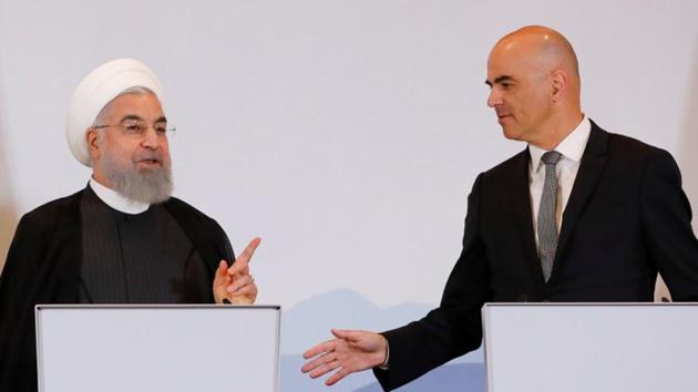 Swiss President Alain Berset and Iranian President Hassan Rouhani gesture after they deliver a statement after a two day visit in Bern, Switzerland, July 3, 2018.(REUTERS) Swiss President Alain Berset and Iranian President Hassan Rouhani gesture after they deliver a statement after a two day visit in Bern, Switzerland, July 3, 2018.(REUTERS)