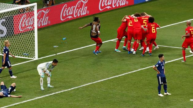 Belgium's Nacer Chadli celebrates scoring their third goal with team mates. (REUTERS) Belgium's Nacer Chadli celebrates scoring their third goal with team mates. (REUTERS)