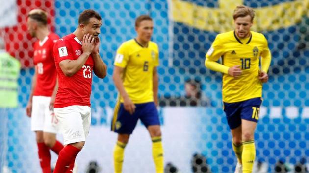 Switzerland's Xherdan Shaqiri reacts after missing a chance to score. (REUTERS) Switzerland's Xherdan Shaqiri reacts after missing a chance to score. (REUTERS)