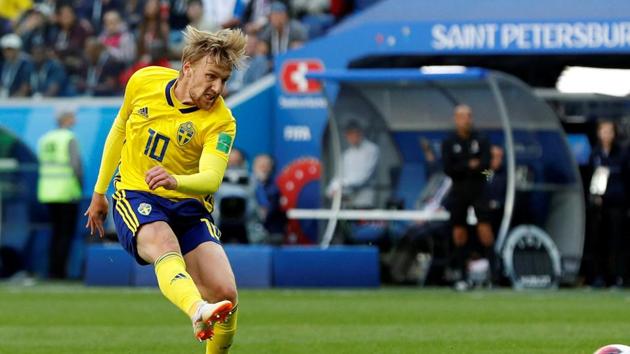 Sweden's Emil Forsberg scores their goal against Switzerland.(REUTERS)