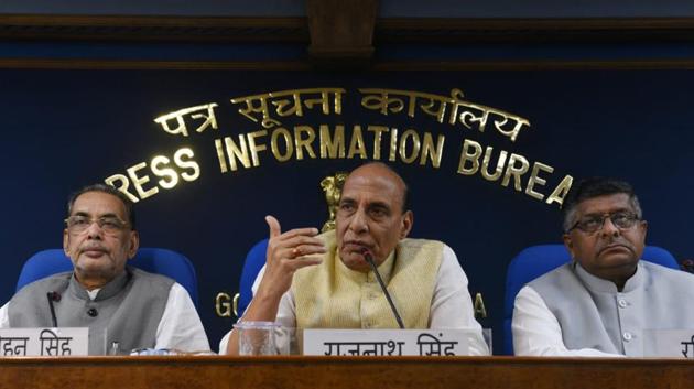 The Union Cabinet chaired by PM Narendra Modi on Wednesday gave its nod for the continuation, up to 2020, of eight schemes of the Home Ministry for relief and rehabilitation of migrants under the umbrella scheme, “Relief and Rehabilitation of Migrants and Repatriates.” Addressing the media, Union Minister Rajnath Singh said the financial implication for this decision is Rs 3,183 crore for the period 2017-18 to 2019-20. (Vipin Kumar / HT Photo) The Union Cabinet chaired by PM Narendra Modi on Wednesday gave its nod for the continuation, up to 2020, of eight schemes of the Home Ministry for relief and rehabilitation of migrants under the umbrella scheme, “Relief and Rehabilitation of Migrants and Repatriates.” Addressing the media, Union Minister Rajnath Singh said the financial implication for this decision is Rs 3,183 crore for the period 2017-18 to 2019-20. (Vipin Kumar / HT Photo)
