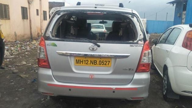 One of the vehicles vandalised in Phursungi. (HT Photo) One of the vehicles vandalised in Phursungi. (HT Photo)