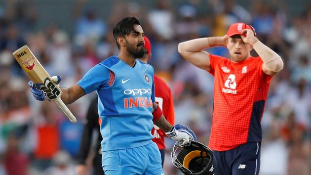KL Rahul’s unbeaten 101 helped India beat England by eight wickets in Manchester to take a 1-0 lead in the three-match T20 series. (Action Images via Reuters)