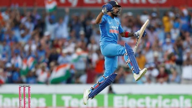 India's KL Rahul celebrates after reaching century-mark against England in the first T20 in Manchester.(Action Images via Reuters)