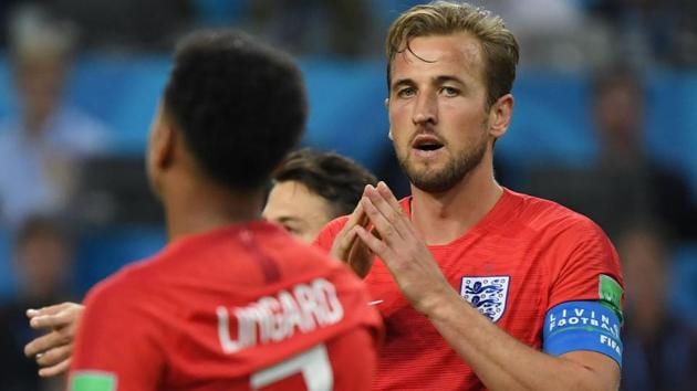 Harry Kane gestures during the FIFA World Cup 2018 encounter against Colombia on Tuesday.(AFP)