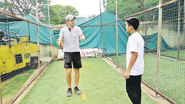 Ryan Van Niekerk (left), head coach of Gary Kirsten Cricket India, during a training session in Khadki. (HT PHOTO) Ryan Van Niekerk (left), head coach of Gary Kirsten Cricket India, during a training session in Khadki. (HT PHOTO)