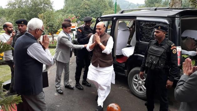 Home minister Rajnath Singh arrives in Srinagar, Jammu and Kashmir. (HT Photo) Home minister Rajnath Singh arrives in Srinagar, Jammu and Kashmir. (HT Photo)