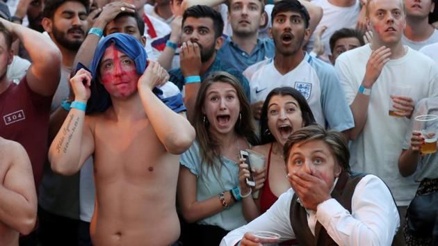 England fans react during their teams’ FIFA World Cup 2018 match vs Colombia in Moscow.(REUTERS)