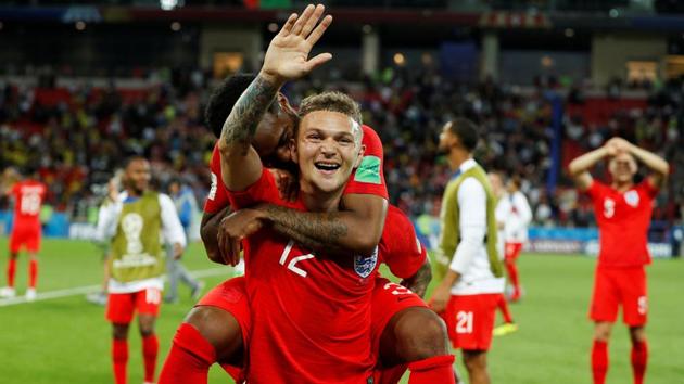 England's Danny Rose and Kieran Trippier celebrate after winning the penalty shoot-out. (REUTERS)