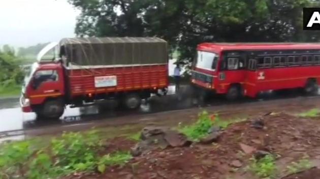 Traffic halted on Mumbai-Goa highway following a landslide. (ANI Photo) Traffic halted on Mumbai-Goa highway following a landslide. (ANI Photo)