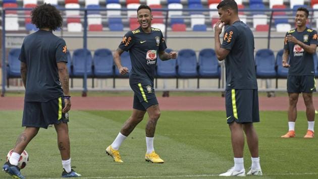 Neymar (C) smiles during a training session. The forward has scored two goals so far in the FIFA World Cup 2018. (AP)