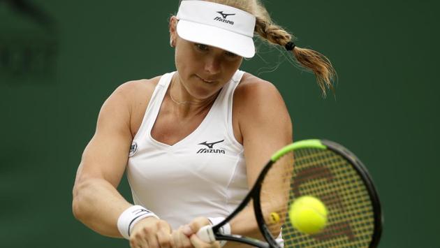Kiki Bertens of the Netherlands plays a return to Anna Blinkova of Russia en route to winning 6-4, 6-0. (AP)