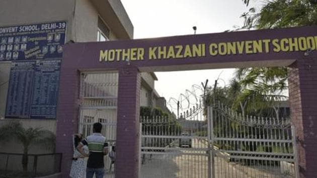 A photo of Delhi’s Mother Khazani Convent School. The principal and two teachers of the school have been arrested in connection with the CBSE class 12 economics paper leak case. (Burhaan Kinu/HT Photp) A photo of Delhi’s Mother Khazani Convent School. The principal and two teachers of the school have been arrested in connection with the CBSE class 12 economics paper leak case. (Burhaan Kinu/HT Photp)
