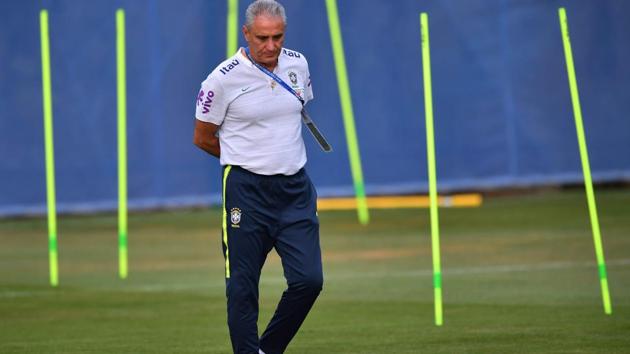 Brazil team coach Tite leads a training session at the Yug Sport Stadium in Sochi. Brazil are five-time champions, more than anyone else, but the last time they won the tournament was in 2002. (AFP)