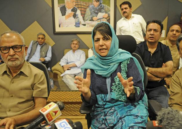 Former Jammu and Kashmir chief minister Mehbooba Mufti addresses a press conference at her residence in Srinagar. (Waseem Andrabi/HT File Photo) Former Jammu and Kashmir chief minister Mehbooba Mufti addresses a press conference at her residence in Srinagar. (Waseem Andrabi/HT File Photo)