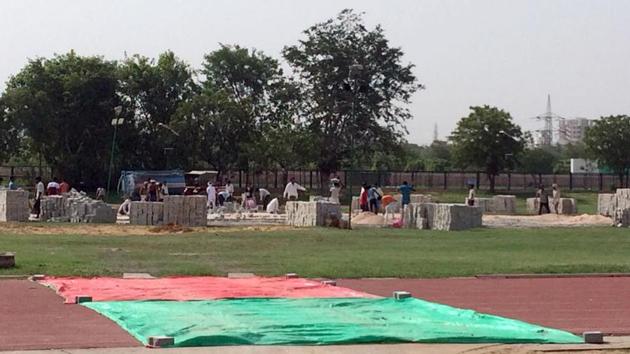 Preparations afoot for constructing a helipad at athletic ground of SMS stadium in Jaipur keeping in view the PM’s rally on July 7. (HT Photo) Preparations afoot for constructing a helipad at athletic ground of SMS stadium in Jaipur keeping in view the PM’s rally on July 7. (HT Photo)