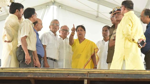 CM Vasundhara Raje takes stock of the preparations for PM Narendra Modi's public meeting, at Amrudon Ka Bagh in Jaipur on Thursday. (Prabhakar Sharma/HT) CM Vasundhara Raje takes stock of the preparations for PM Narendra Modi's public meeting, at Amrudon Ka Bagh in Jaipur on Thursday. (Prabhakar Sharma/HT)
