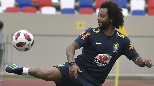 Brazil's Marcelo controls the ball during a training session in Sochi. (AP)