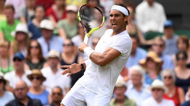 Spain's Rafael Nadal reacts during the second round match against Kazakhstan's Mikhail Kukushkin at Wimbledon on Thursday.(Reuters)