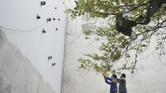 A view of eleven pipes protruding out of the house where 11 members of the Bhatia family allegedly committed suicide, at Burari in New Delhi on July 2, 2018. (Sanchit Khanna / HT Photo)
