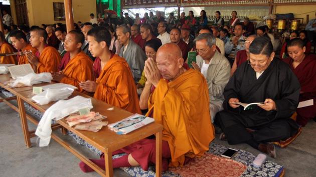 Monks pray during the long life prayer session of the spiritual leader. The Dalai Lama’s sermons on ethics, non-violence, peace and religious harmony have made him one of the 20th century’s most revered spiritual leaders. (Shyam Sharma / HT Photo) 