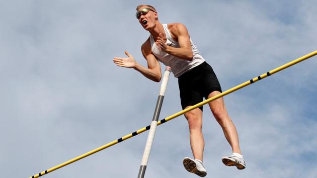 Sam Kendricks of the US during the pole vault during the Athletissima - Diamond League at Place d’Ouchy in Lausanne, Switzerland. (Denis Balibouse / REUTERS)