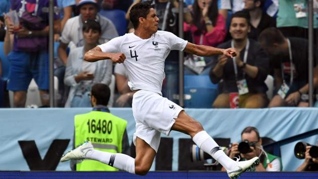 France's defender Raphael Varane celebrates after scoring the opener. (AFP)