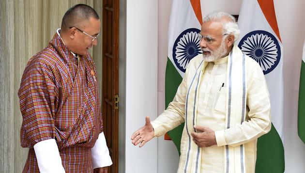 Talks between Prime Minister Narendra Modi and his Bhutanese counterpart Tshering Tobgay are underway, during which defence, security and strategic cooperation between the two neighbouring countries are expected to be discussed. This year, the two countries are commemorating the golden jubilee of the establishment of formal diplomatic relations. (Mohd Zakir / HT Photo) Talks between Prime Minister Narendra Modi and his Bhutanese counterpart Tshering Tobgay are underway, during which defence, security and strategic cooperation between the two neighbouring countries are expected to be discussed. This year, the two countries are commemorating the golden jubilee of the establishment of formal diplomatic relations. (Mohd Zakir / HT Photo)