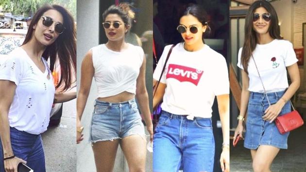 Malaika Arora, Priyanka Chopra, Deepika Padukone and Shilpa Shetty’s white T-shirt outfits show how the summer staple can be dressed up or dressed down. (Instagram) Malaika Arora, Priyanka Chopra, Deepika Padukone and Shilpa Shetty’s white T-shirt outfits show how the summer staple can be dressed up or dressed down. (Instagram)