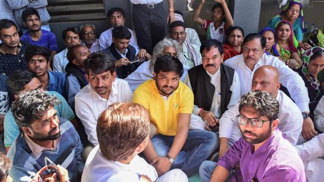 Patidar leader Hardik Patel along with MLA Alpesh Thakor and Jignesh Mevani in Gandhinagar.(PTI File Photo) Patidar leader Hardik Patel along with MLA Alpesh Thakor and Jignesh Mevani in Gandhinagar.(PTI File Photo)