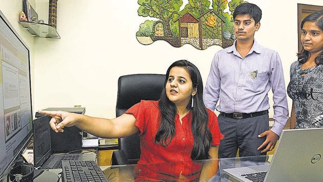 Janhavi Prayag, a financial consultant, with her team members on Friday. (Pratham Gokhale/HT Photo) Janhavi Prayag, a financial consultant, with her team members on Friday. (Pratham Gokhale/HT Photo)