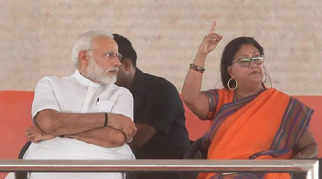 PM Narendra Modi with CM Vasundhara Raje at Amrudon Ka Bagh in Jaipur on Saturday. (Himanshu Vyas/HT Photo) PM Narendra Modi with CM Vasundhara Raje at Amrudon Ka Bagh in Jaipur on Saturday. (Himanshu Vyas/HT Photo)