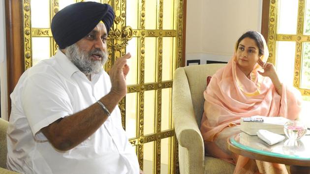 SAD president Sukhbir Singh Badal with wife and Union minister Harsimrat Kaur Badal during the interview.(Anil Dayal/HT)