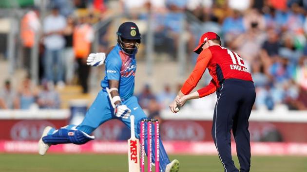 Shikhar Dhawan was run-out in comical fashion as England made a great start. (REUTERS) Shikhar Dhawan was run-out in comical fashion as England made a great start. (REUTERS)