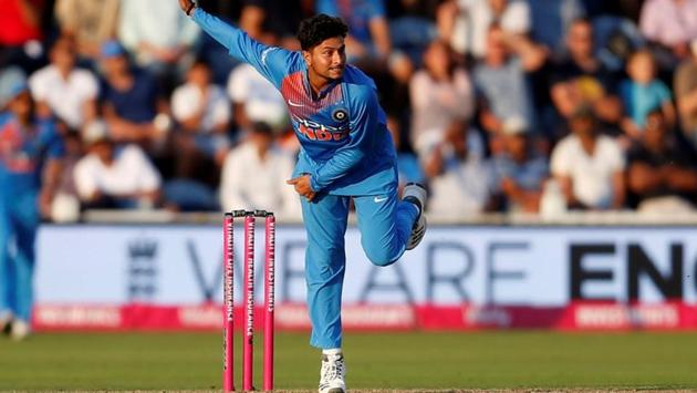 India's Kuldeep Yadav in action against England in the second T20 in Cardiff. (REUTERS) India's Kuldeep Yadav in action against England in the second T20 in Cardiff. (REUTERS)