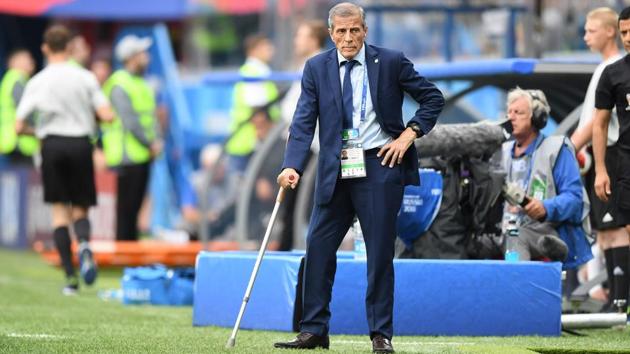 Uruguay's coach Oscar Washington Tabarez follows the FIFA World Cup 2018 quarterfinal against France at the Nizhny Novgorod Stadium.(AFP) Uruguay's coach Oscar Washington Tabarez follows the FIFA World Cup 2018 quarterfinal against France at the Nizhny Novgorod Stadium.(AFP)