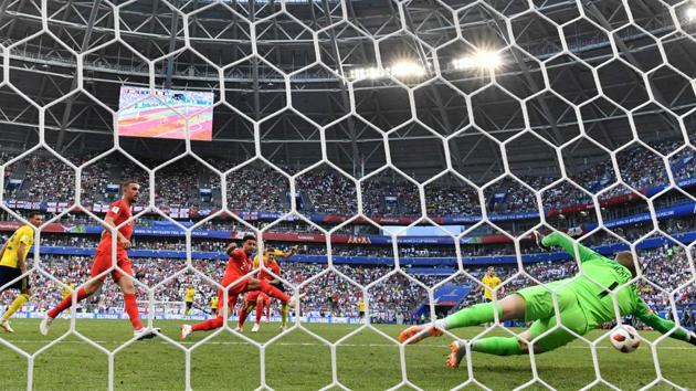 England's goalkeeper Jordan Pickford makes a save during the Russia 2018 World Cup quarter-final football match between Sweden and England at the Samara Arena . (AFP) England's goalkeeper Jordan Pickford makes a save during the Russia 2018 World Cup quarter-final football match between Sweden and England at the Samara Arena . (AFP)