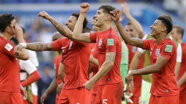 England team players celebrate their victory over Sweden at the end of the quarterfinal match between Sweden and England at the 2018 football World Cup in the Samara Arena. (AP) England team players celebrate their victory over Sweden at the end of the quarterfinal match between Sweden and England at the 2018 football World Cup in the Samara Arena. (AP)