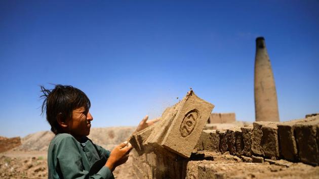 An Afghan labourer collects bricks at a brick factory on the outskirts of Herat province, Afghanistan. (Hoshang Hashimi / AFP)