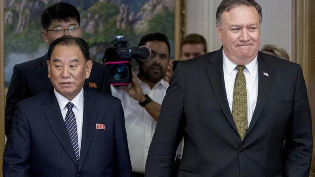 US Secretary of State Mike Pompeo, right, and Kim Yong Chol, left, a North Korean senior ruling party official and former intelligence chief, return to discussions after a break at Park Hwa Guest House in Pyongyang, North Korea, Saturday, July 7, 2018. (AP) US Secretary of State Mike Pompeo, right, and Kim Yong Chol, left, a North Korean senior ruling party official and former intelligence chief, return to discussions after a break at Park Hwa Guest House in Pyongyang, North Korea, Saturday, July 7, 2018. (AP)