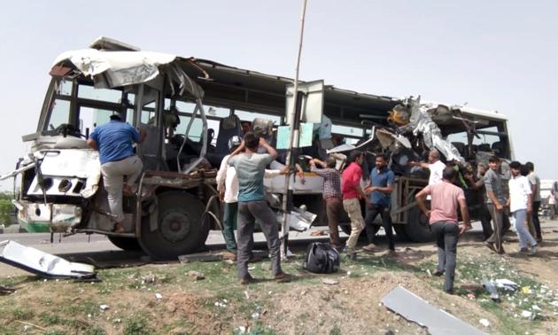 The mangled remains of a bus that was hit by a truck near Tabiji village in Ajmer district of Rajasthan, leaving seven people dead and 21 injured. (HT Photo) The mangled remains of a bus that was hit by a truck near Tabiji village in Ajmer district of Rajasthan, leaving seven people dead and 21 injured. (HT Photo)