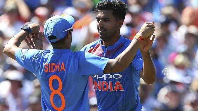 India's Siddarth Kaul, left and Deepak Chahar celebrate taking the wicket of England's Jason Roy. (AP) India's Siddarth Kaul, left and Deepak Chahar celebrate taking the wicket of England's Jason Roy. (AP)