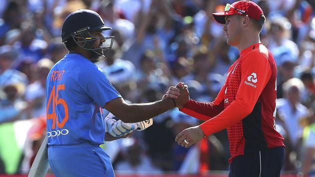 India's Rohit Sharma, left, shakes hands with England's Jason Roy after securing the victory. (AP) India's Rohit Sharma, left, shakes hands with England's Jason Roy after securing the victory. (AP)