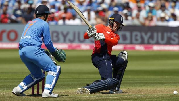 England's Jason Roy (67) hits a reverse sweep during the match against India. (AFP) England's Jason Roy (67) hits a reverse sweep during the match against India. (AFP)