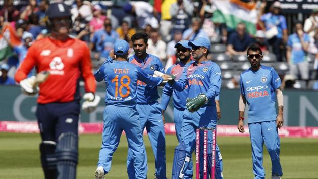 India’s Deepak Chahar (3L) celebrates the wicket of England's Jason Roy (L). (AFP) India’s Deepak Chahar (3L) celebrates the wicket of England's Jason Roy (L). (AFP)