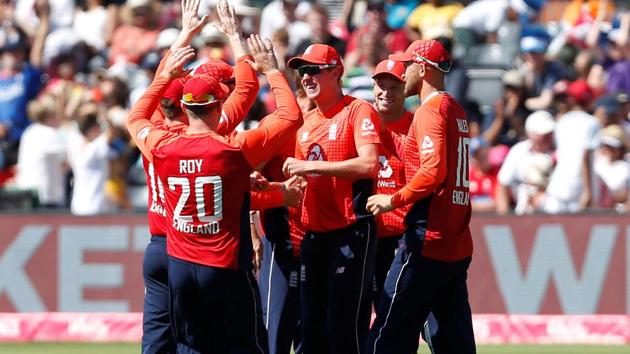 England's Jake Ball celebrates taking the wicket of India's Shikhar Dhawan. (REUTERS) England's Jake Ball celebrates taking the wicket of India's Shikhar Dhawan. (REUTERS)